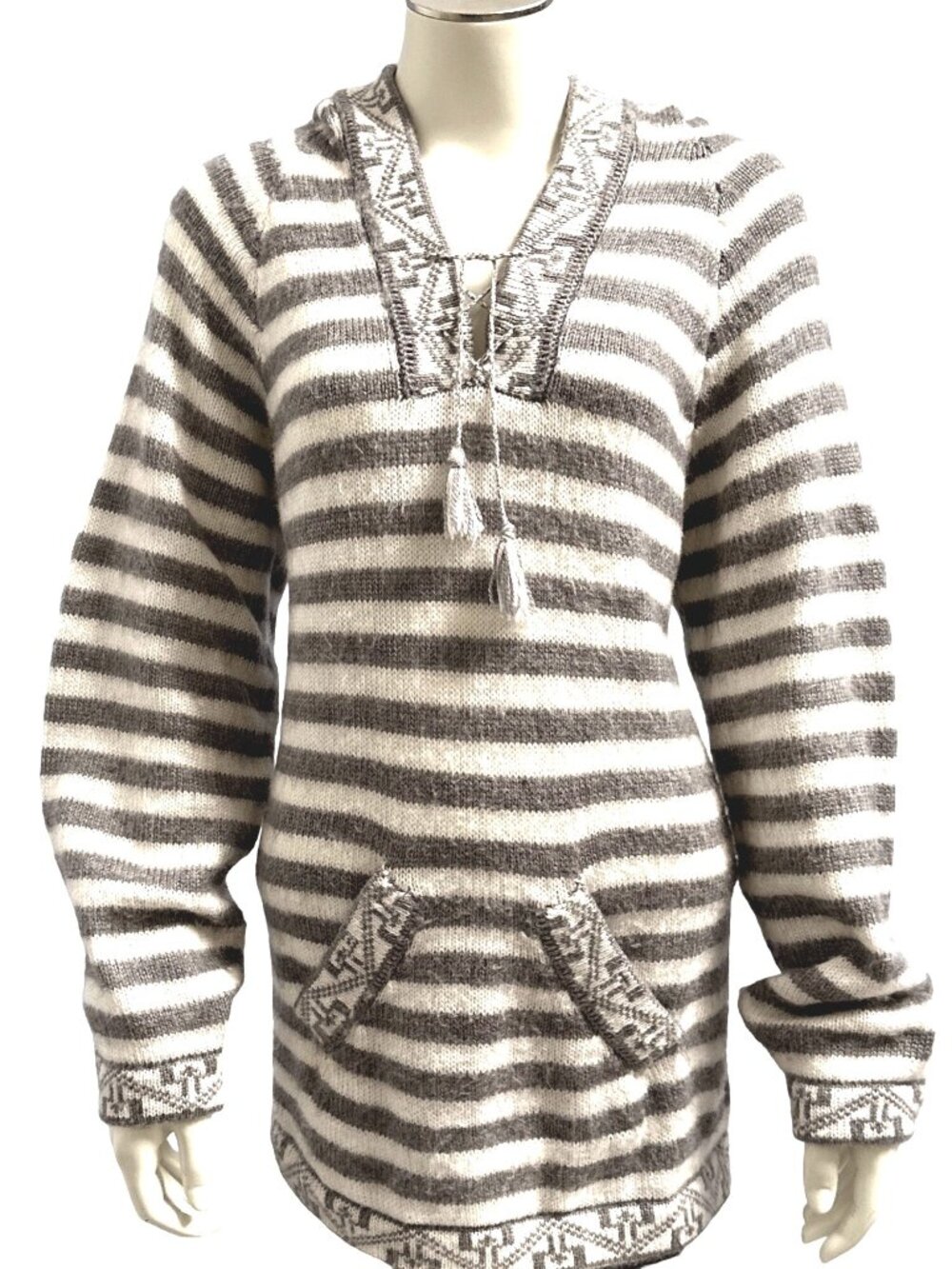 Gray And White Striped Knit Hoodie Kangaroo Pocket Tassel Tie Boho Style Cozy So